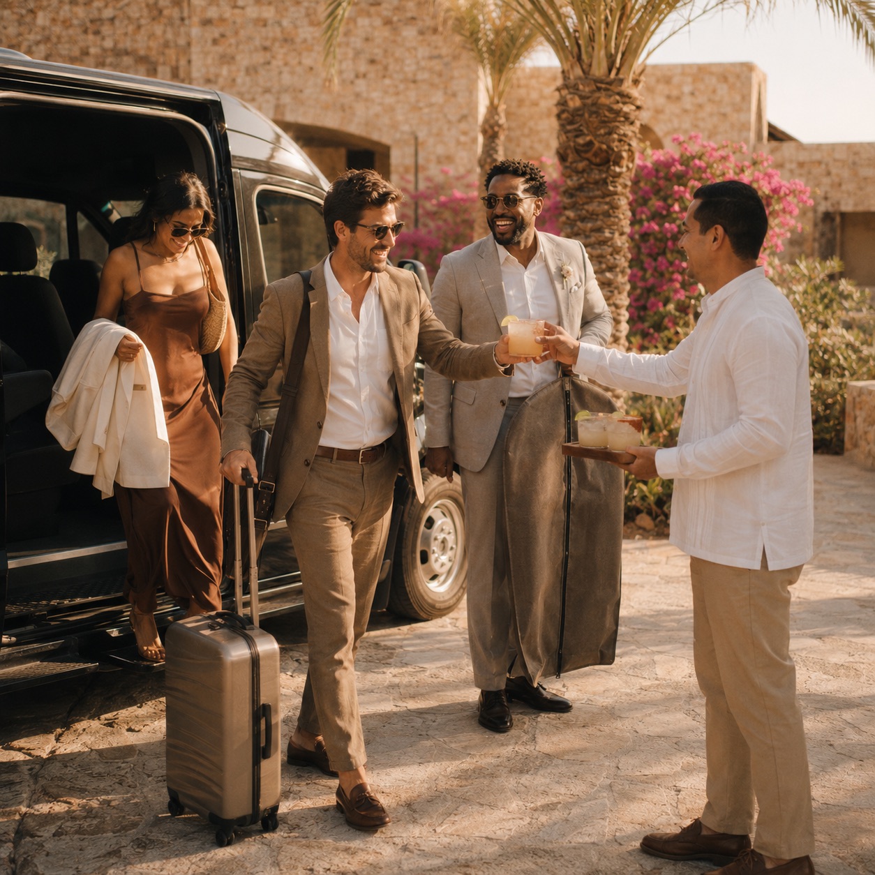 Guests stepping down from a shuttle van with their luggage and being handed welcome drinks at the resort entrance