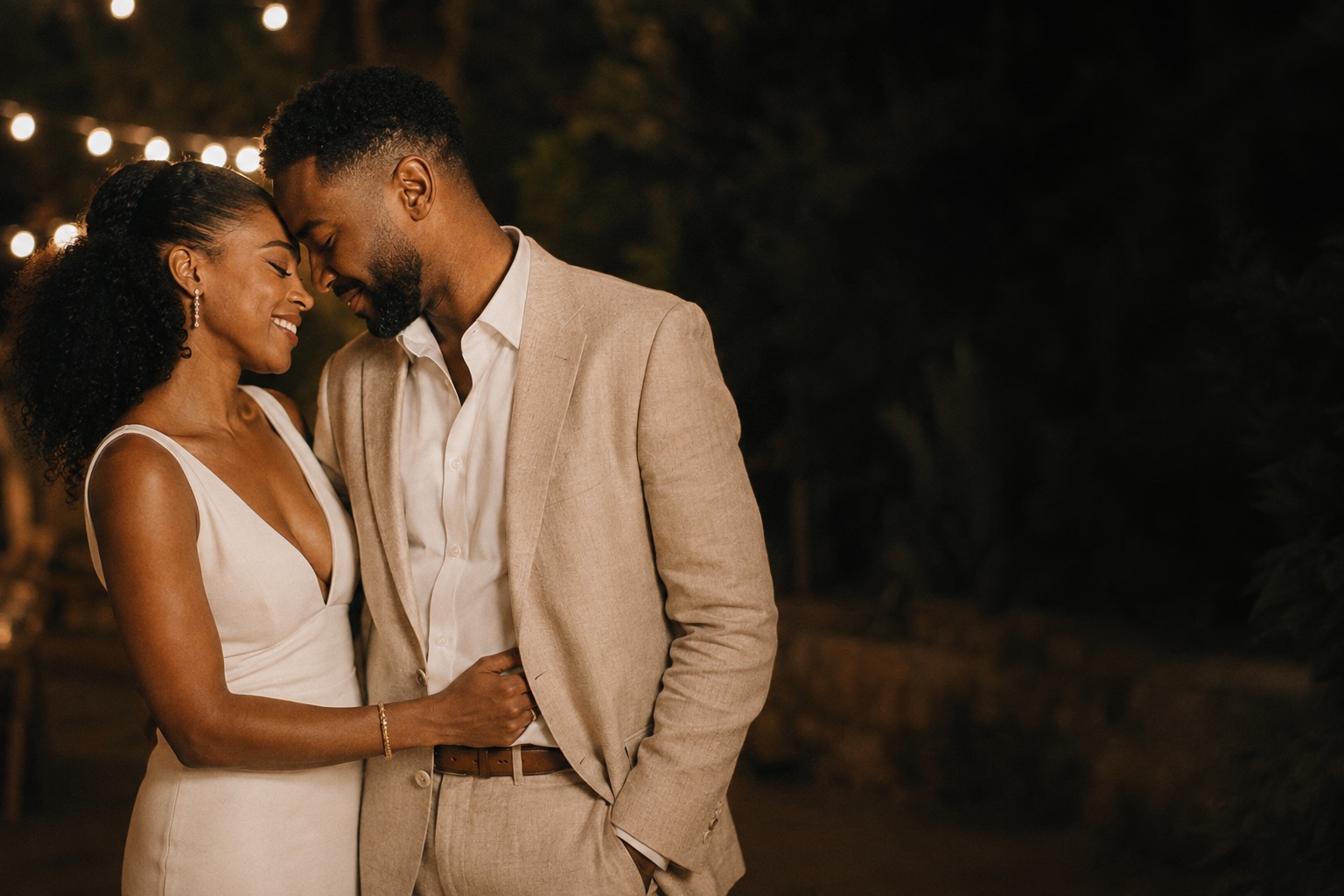 The couple close together at the end of the night under string lights