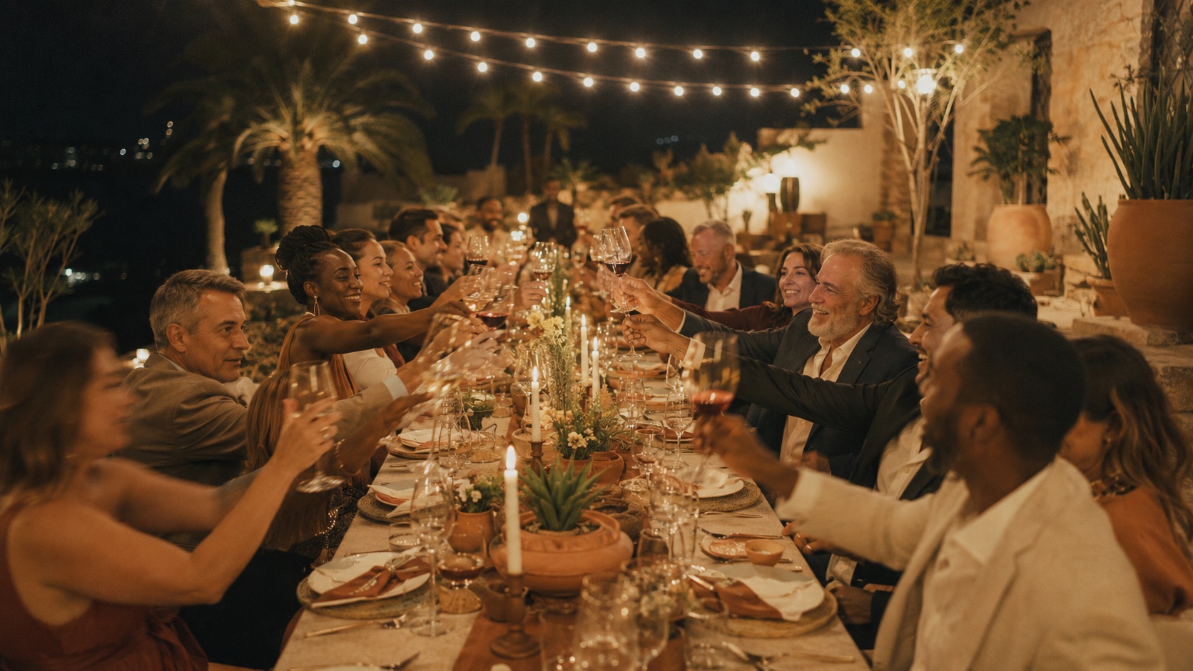 Guests toasting along one long candlelit table under string lights after sunset